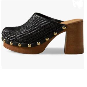 YDN Black Braided Platform Slip On Clogs Mules Cork High Heel Round Toe Sandals